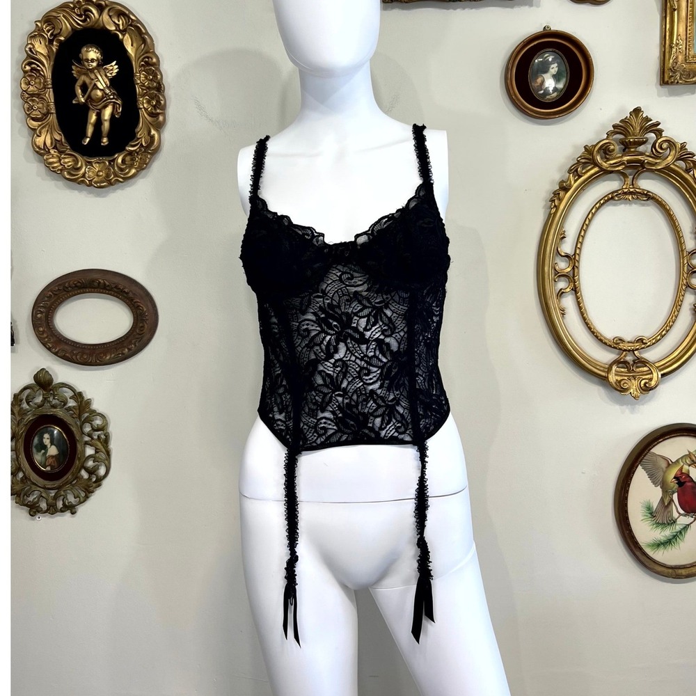Victoria's Secret Vintage Gold Label Black Lace Corset Bustier Garter Top 34C‎